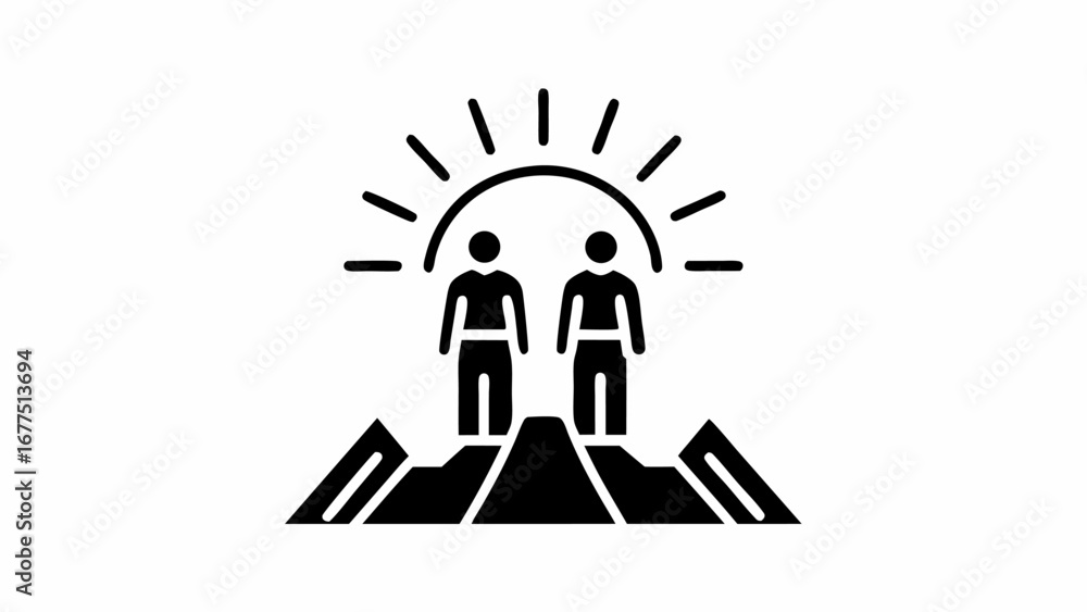 Fototapeta premium Two people standing on a mountain peak under a sunrise or radiant symbol representing achievement together silhouette