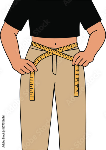 Person measuring waist with yellow tape for weight loss or tailoring concept vector illustration 