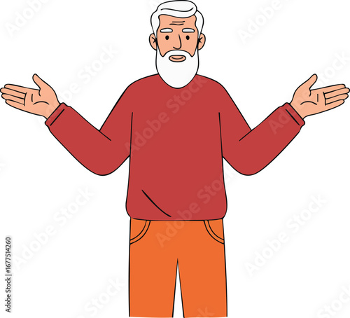 Elderly man with white beard wearing red sweater and orange pants shrugging shoulders vector illustration 