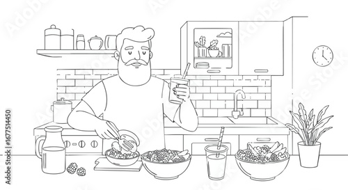 Bearded man preparing a healthy smoothie and fruit bowls for breakfast in a modern kitchen line art illustration