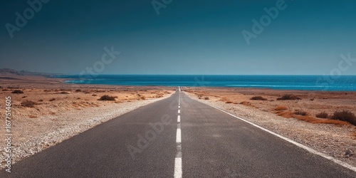 A long, straight road cuts through a desert landscape, leading to a calm, blue ocean under a clear sky