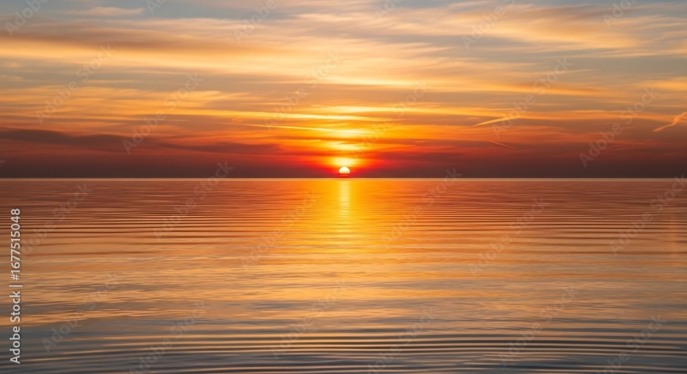 Fototapeta premium Radiant Golden Sunset Over Tranquil Ocean Horizon with Rippling Reflections and Streaky Clouds
