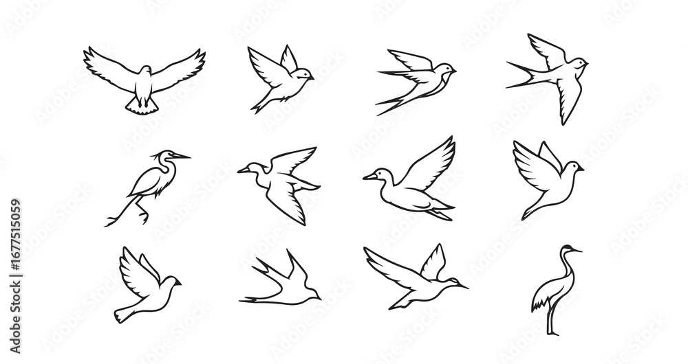 Fototapeta premium Birds flying line art icon bundle illustration