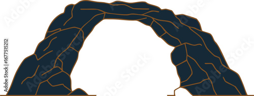 Natural rock arch with dark stones and golden outlines isolated on white background vector illustration 
