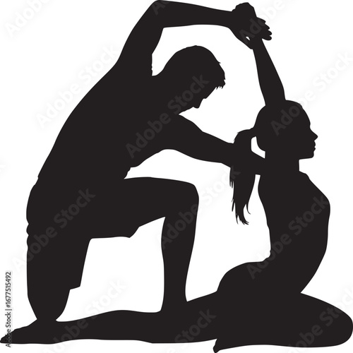 Silhouette of a man assisting a woman in a yoga pose with hands clasped overhead in a white background