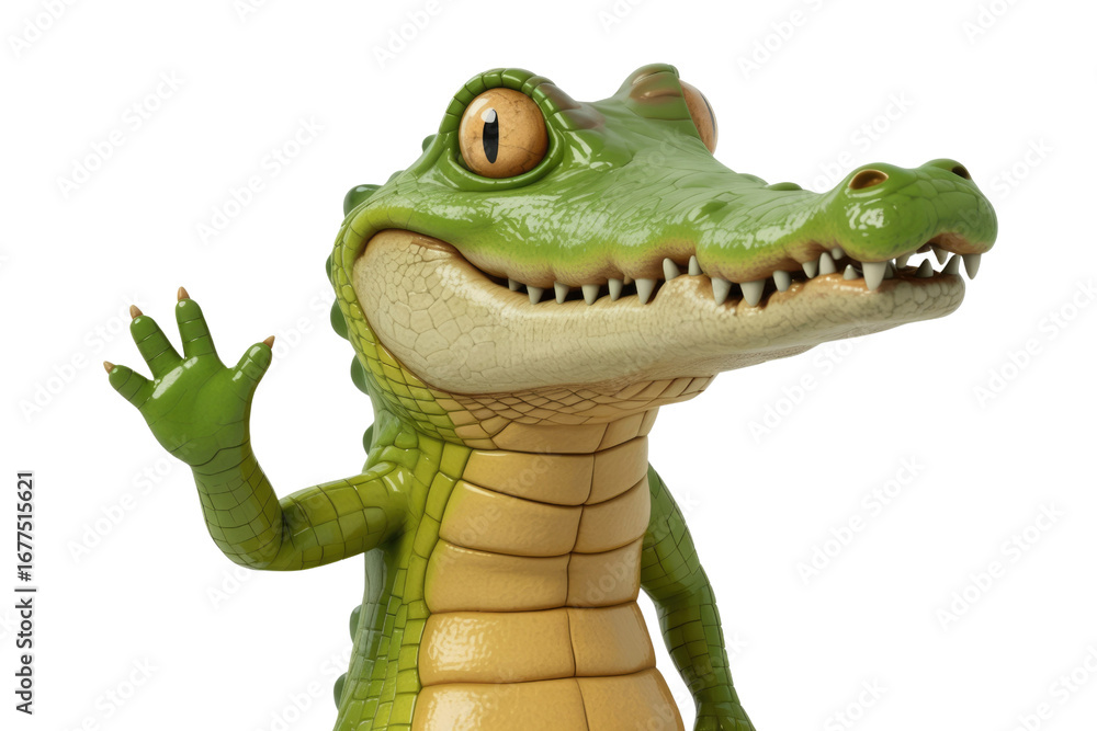 Fototapeta premium A cute cartoon crocodile waves hello with a friendly smile, set against a transparent background. background removed
