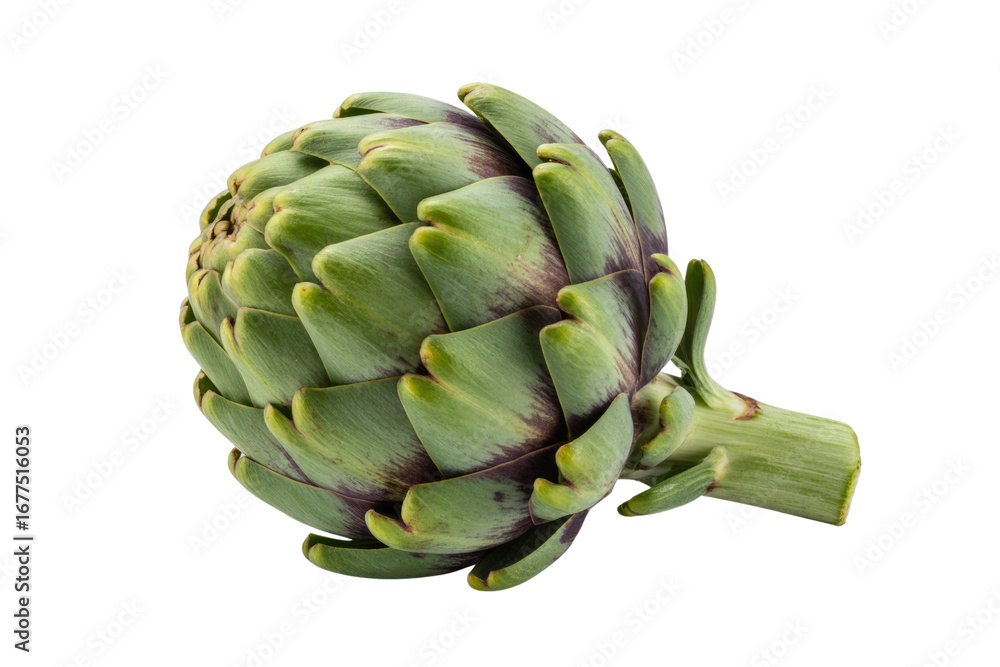 Fototapeta premium A single, fresh artichoke with green and purple hues, isolated on a transparent background. background removed
