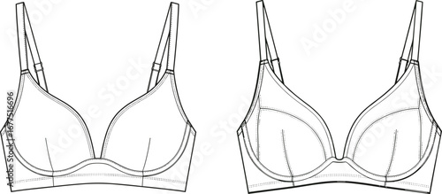 Bra flat sketch, lingerie technical drawing, underwire bra design, molded cup illustration, adjustable straps, fashion CAD, garment construction, apparel templat 