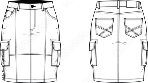 Cargo skirt fashion sketch, technical flat illustration, front and back view, flap pockets, belt loops, above knee, stitching detail, seam