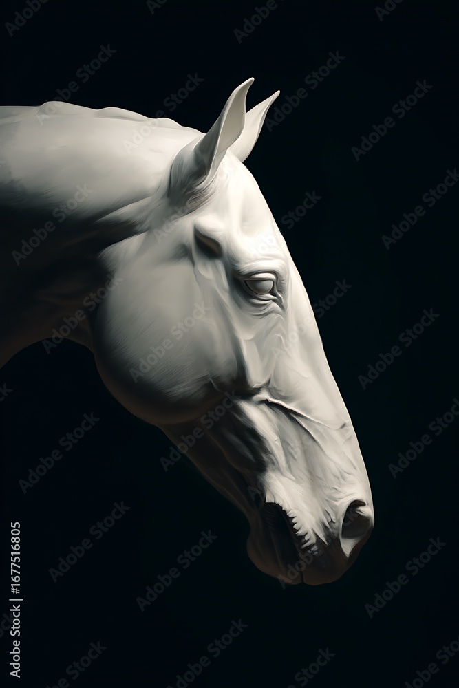 Naklejka premium Detailed close-up of a sculpted horse head, showcasing intricate anatomical features against a stark black backdrop.