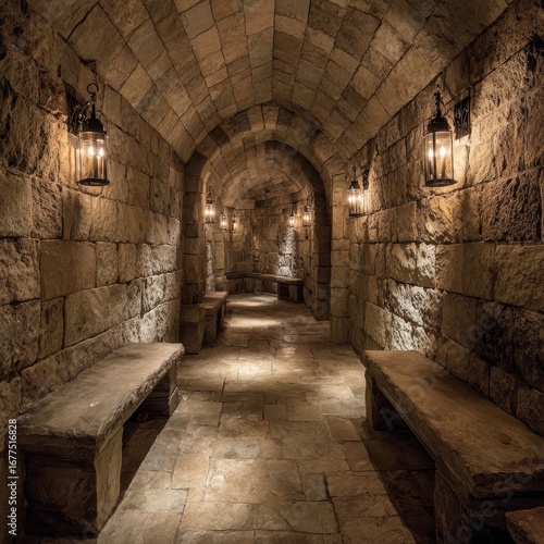 Stone-walled corridor with arched ceiling, lit by wall sconces, featuring stone benches along the sides and a tiled floor, creating a rustic, dimly lit atmosphere