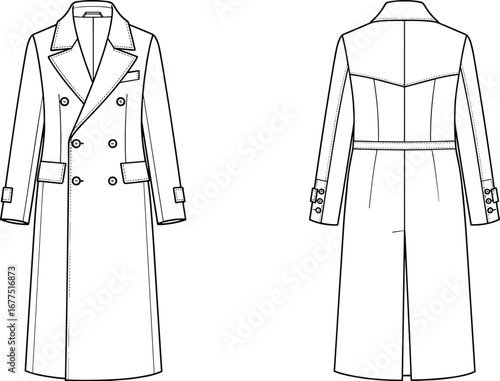 Double-breasted coat fashion sketch, technical flat illustration, front and back view, notched lapel, flap pockets, buttoned cuffs, tailored fit, long hem