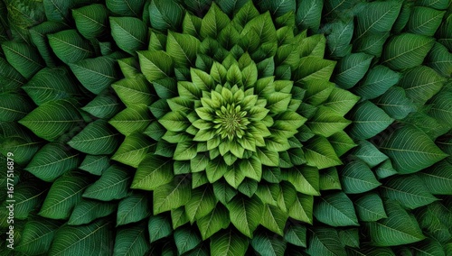 A vibrant, symmetrical mandala of overlapping green leaves forming a spiraling, floral pattern.  The image is rich in texture and detail, creating a sense of depth and organic beauty