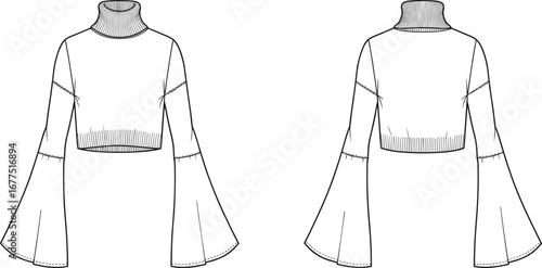Fashion illustration, crop top design, bell sleeve garment, technical sketch, turtleneck blouse, apparel template, front back view, sewing pattern, garment  