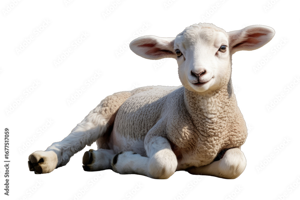 Fototapeta premium Adorable lamb lying down, isolated on a transparent background, showcasing its fluffy white coat and innocent expression. background removed