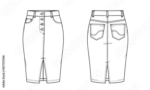 Pencil skirt fashion illustration, technical flat sketch, front and back view, high waist design, pockets, slit, belt loops, stitching detail