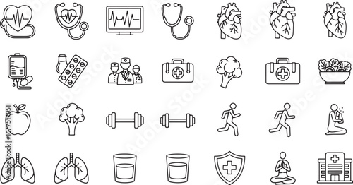 Set of health and wellness icons, including medical equipment, healthy food, and exercise symbols