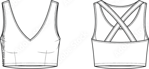 Sports bra flat sketch, front and back view, technical fashion illustration, athletic wear design, crisscross strap detail, V-neckline, contour seams, garment construction, activewear template 