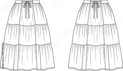 Tiered skirt technical sketch, drawstring waistband fashion template, gathered hemline illustration, sewing pattern outline, garment design vector, apparel mockup
