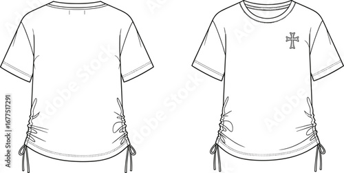 White t-shirt, fashion illustration, front and back view, drawstring hem, short sleeve, round neck, technical sketch, apparel design, garment template, adjustable fit, clothing  