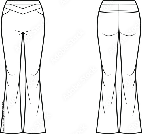 Women's pants fashion sketch, technical garment illustration, front and back view, tailored fit, flared leg design, seam detail, apparel template