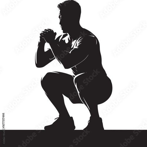 Silhouette of a man in a squat position with hands clasped together against a white background