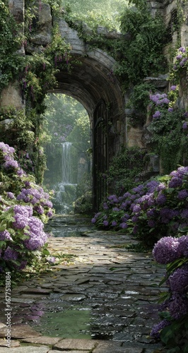 Overgrown stone archway leads to a hidden waterfall and path, flanked by vibrant purple hydrangeas and lush greenery