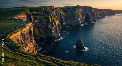 Dramatic coastal cliffs at sunset, dramatic cliffs meet the sea, winding road hugs the edge of the cliffs