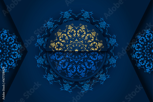 Circular mandala artwork featuring radiant symmetrical bands concentric design in blue and yellow intricate details on dark background calming artwork for meditation and spiritual decor
