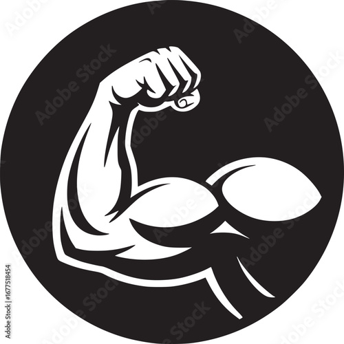 A strong arm with clenched fist inside a black circle on a white background in vector illustration
