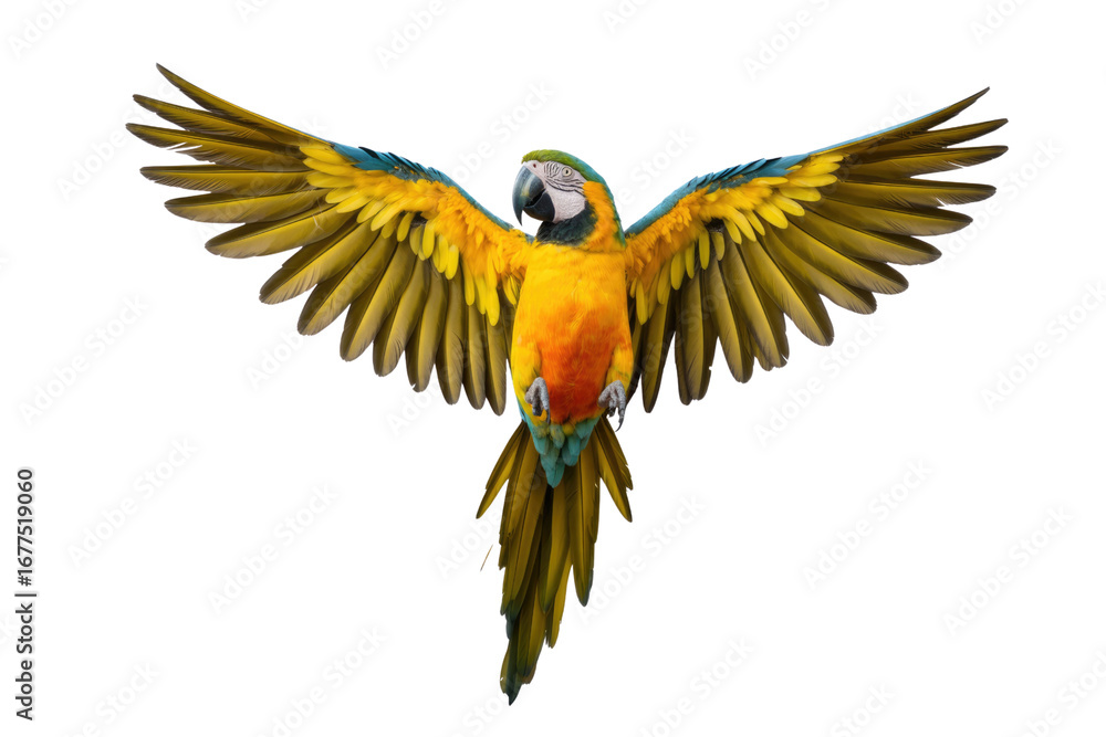 Fototapeta premium A vibrant yellow and blue macaw with wings outstretched against a transparent background. background removed