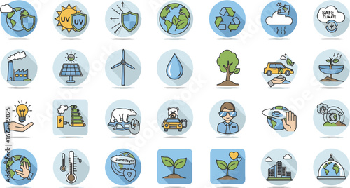 Set of diverse circular icons representing environmental protection, sustainability, and ecological concepts