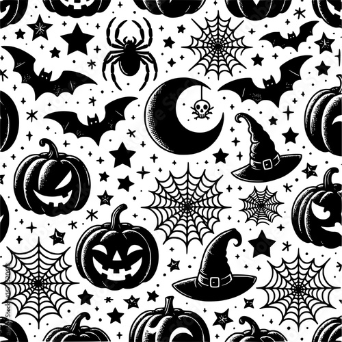 Spooky Halloween Pattern: Spooky Halloween pattern featuring classic icons such as pumpkins, bats, spiderwebs, and a crescent moon, set against a starry background. Evokes a sense of playful eeriness.