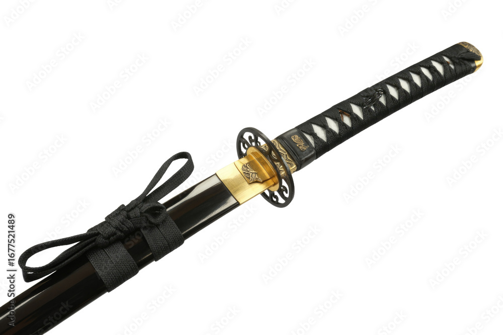 Fototapeta premium Close-up of a black katana with gold accents, showcasing intricate details of the tsuka and tsuba. background removed