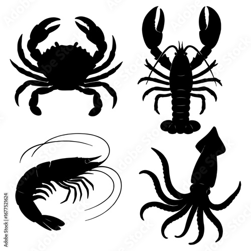 Silhouette illustration featuring a crab lobster shrimp and squid seafood delicacies on a white background