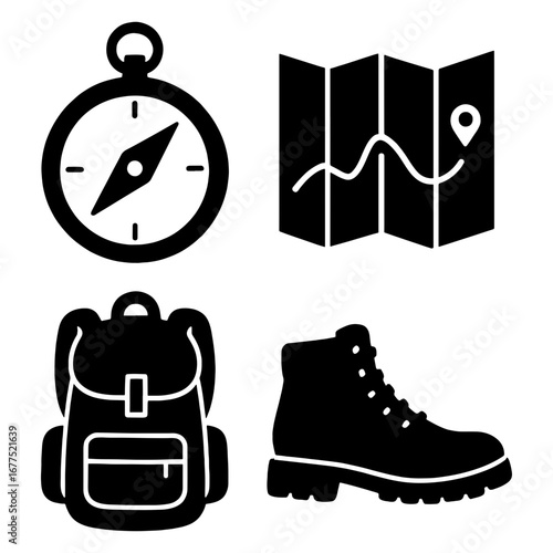 Illustration of hiking essentials including a compass map backpack and hiking boot in black and white