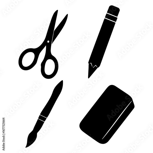 Illustration of art and craft supplies including scissors pencil brush and eraser in black and white style
