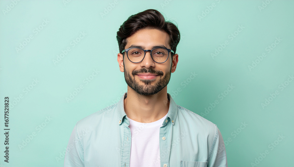 Fototapeta premium Smiling man with glasses on mint green background friendly studio headshot