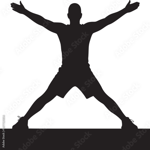 Silhouette of a man with arms outstretched and legs apart on a white background for fitness concept