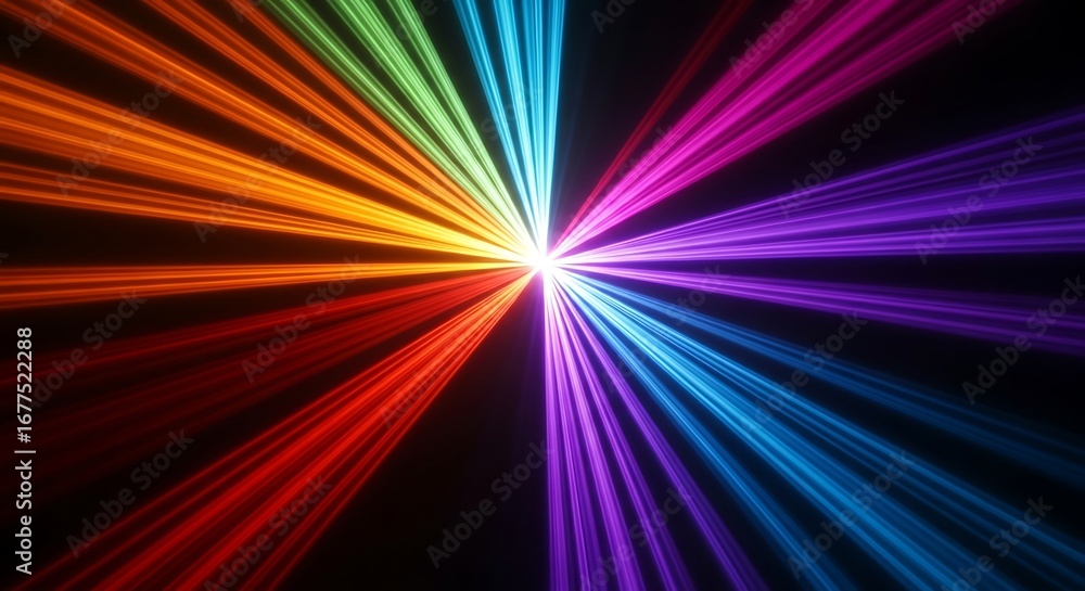 Fototapeta premium Colorful radial light beams on black background