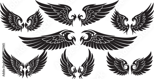 Collection of six isolated stylized wing pairs in a bold black and white design, ideal for heraldic emblems, tattoo art, and decorative icons