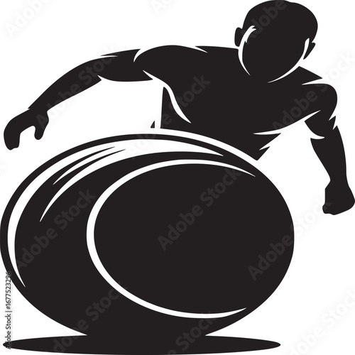 Silhouette of a man doing exercise with a fitness ball on a white background in a studio setting