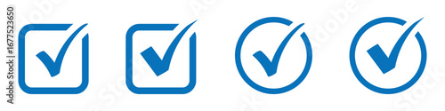 Check box icon with correct, accept checkmark icons, blue tick box, check list circle frame. Checkbox symbol sign. Check mark box square frame. Blue tick mark icon vector set. Blue checkmark icon set