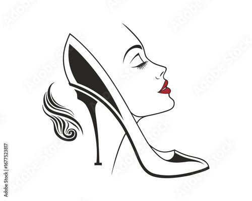 A stylized, profile view of a woman with red lips and a high heel shoe