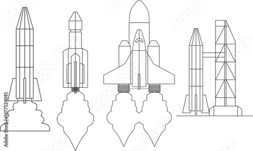 Line drawing of a space shuttle with spacecraft soaring into the sky and a launch site.