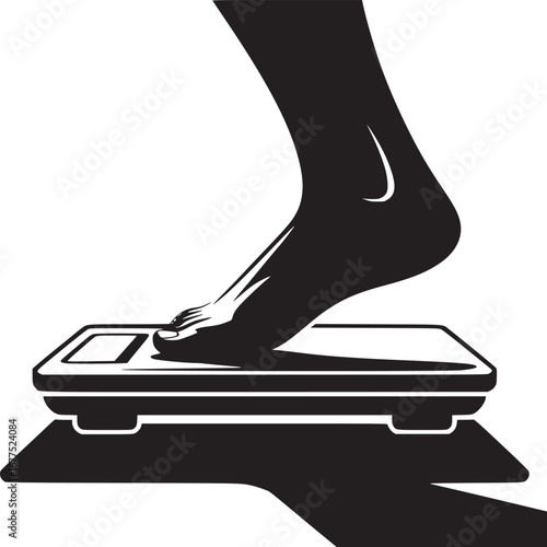 A black and white illustration of a foot stepping onto a bathroom scale with a strong shadow cast below it