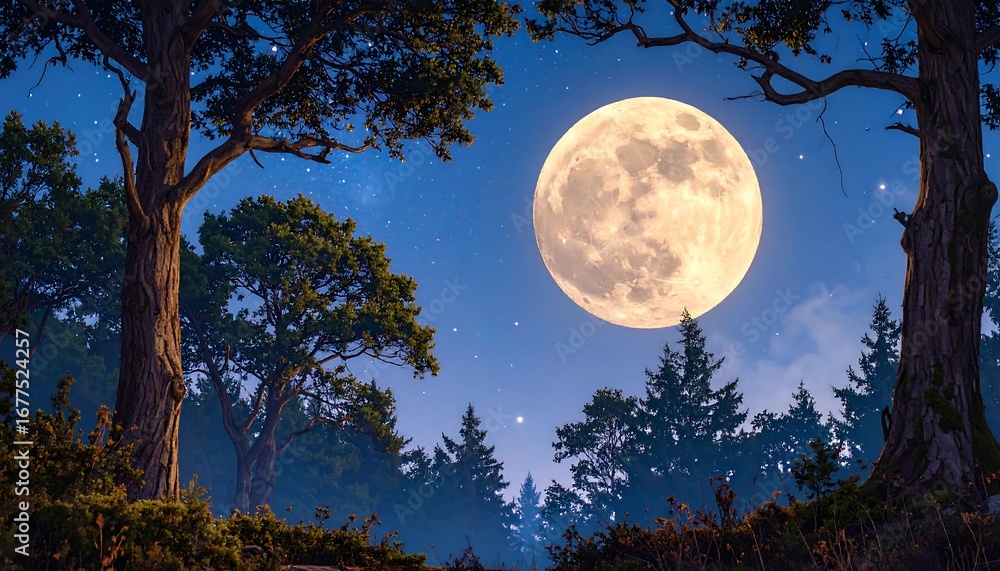 Naklejka premium Full Moon Night: Majestic Forest Scene