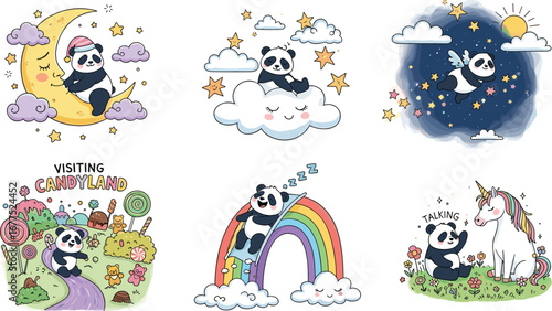 Cute panda sleeping on moon, cloud, rainbow, visiting candyland, talking with unicorn, dreamy fantasy scenes, stars and night sky – flat vector illustration