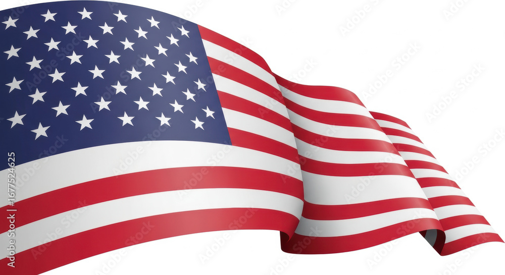 Fototapeta premium A waving american flag with white stars on a blue field and red and white stripes against white