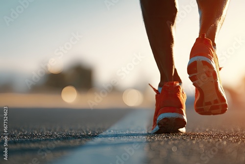 Runner's legs in orange shoes on asphalt road at sunset